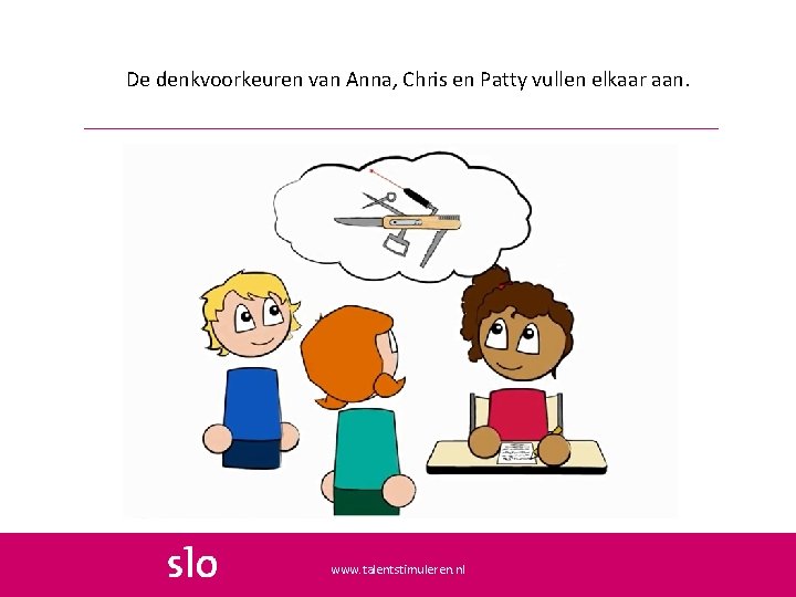 De denkvoorkeuren van Anna, Chris en Patty vullen elkaar aan. www. talentstimuleren. nl 