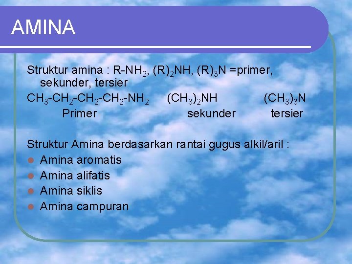 AMINA Struktur amina : R-NH 2, (R)2 NH, (R)3 N =primer, sekunder, tersier CH