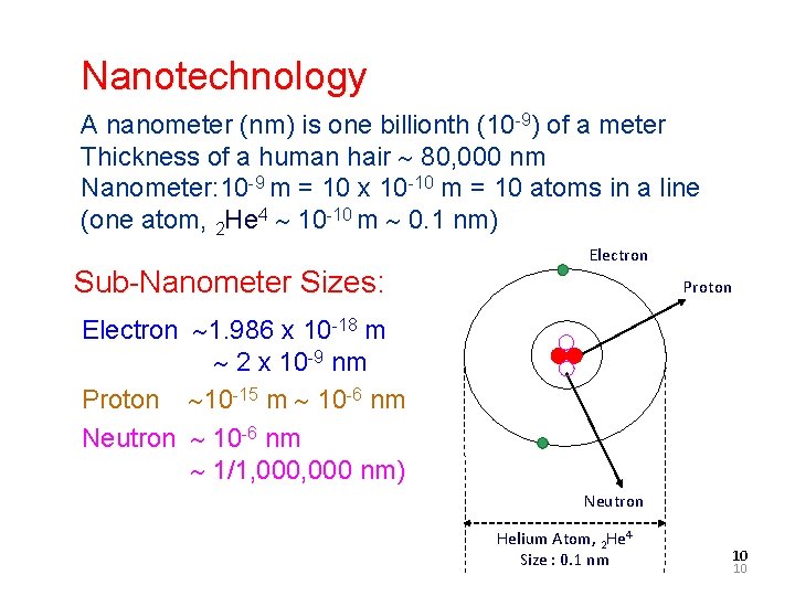 Nanotechnology A nanometer (nm) is one billionth (10 -9) of a meter Thickness of