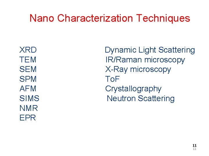 Nano Characterization Techniques XRD TEM SPM AFM SIMS NMR EPR Dynamic Light Scattering IR/Raman