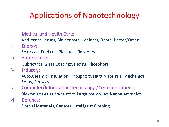 Applications of Nanotechnology i. Medical and Health Care: ii. Energy: iii. Anti-cancer drugs, Bio-sensors,