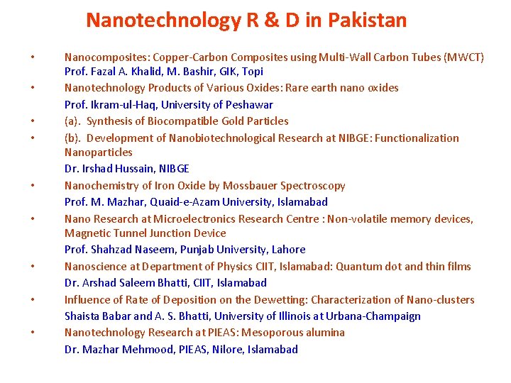 Nanotechnology R & D in Pakistan • • • Nanocomposites: Copper-Carbon Composites using Multi-Wall