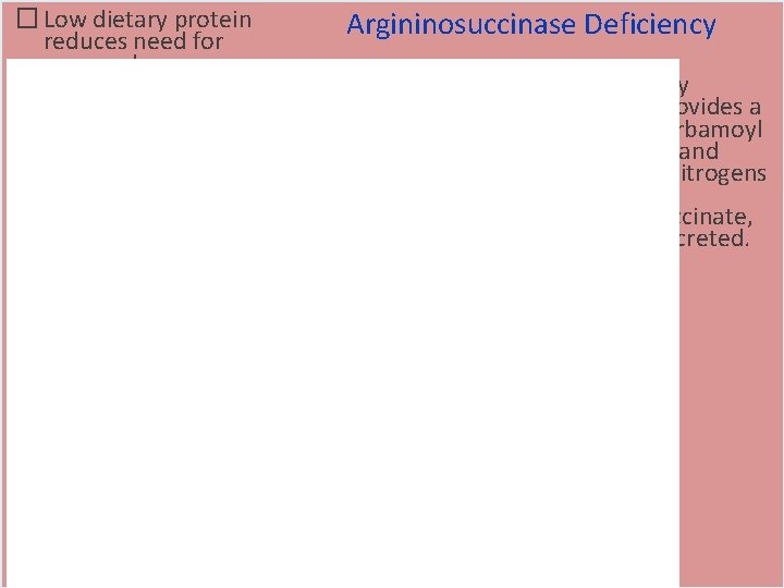 � Low dietary protein reduces need for urea cycle. Argininosuccinase Deficiency � High dietary