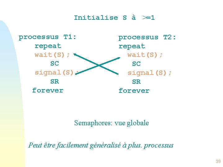 Initialise S à >=1 processus T 1: repeat wait(S); SC signal(S); SR forever processus