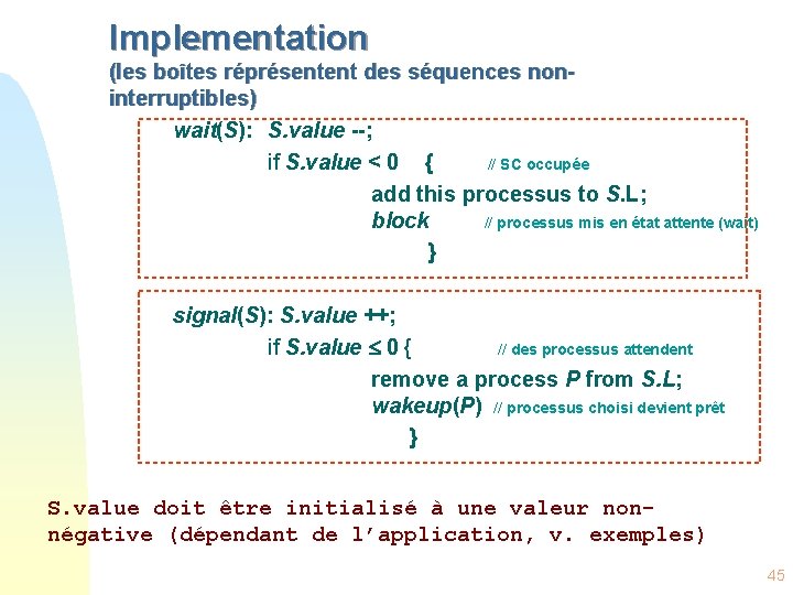 Implementation (les boîtes réprésentent des séquences noninterruptibles) wait(S): S. value --; if S. value