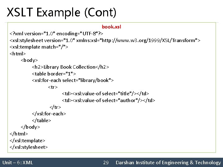 XSLT Example (Cont) book. xsl <? xml version="1. 0" encoding="UTF‐ 8"? > <xsl: stylesheet