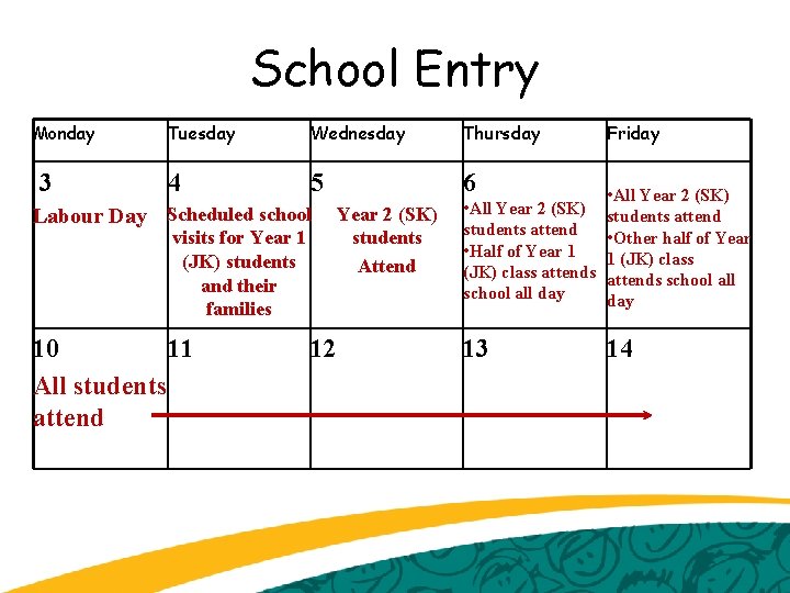 School Entry Monday 3 Tuesday Wednesday Thursday 4 5 6 Labour Day Scheduled school