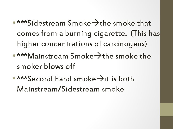 • ***Sidestream Smoke the smoke that comes from a burning cigarette. (This has