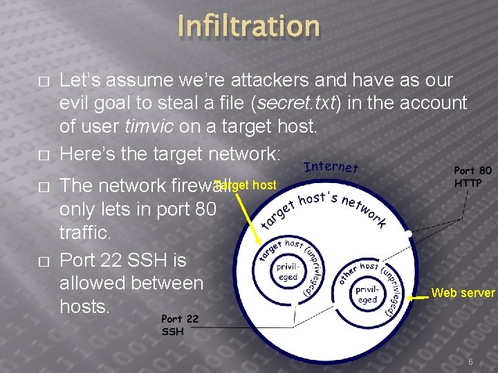 Infiltration � � Let’s assume we’re attackers and have as our evil goal to