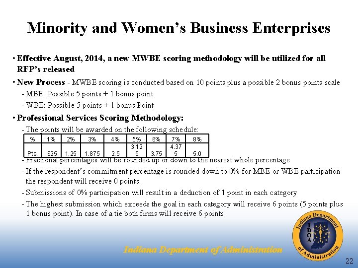 Minority and Women’s Business Enterprises • Effective August, 2014, a new MWBE scoring methodology