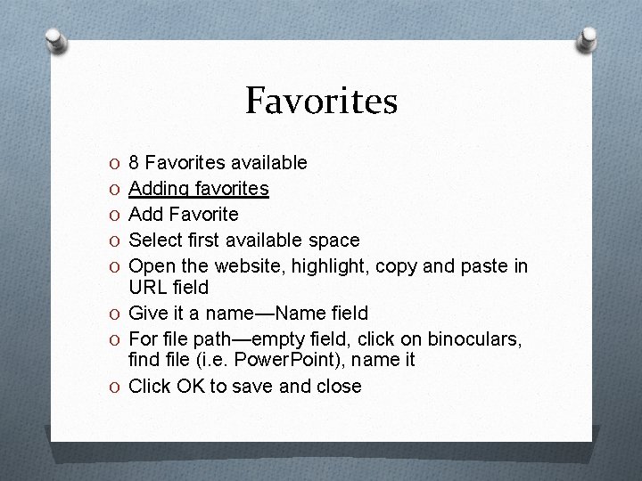 Favorites O 8 Favorites available O Adding favorites O Add Favorite O Select first