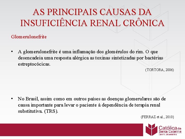 AS PRINCIPAIS CAUSAS DA INSUFICIÊNCIA RENAL CRÔNICA Glomerulonefrite • A glomerulonefrite é uma inflamação