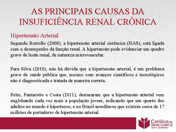 AS PRINCIPAIS CAUSAS DA INSUFICIÊNCIA RENAL CRÔNICA Hipertensão Arterial Segundo Bortollo (2008), a hipertensão