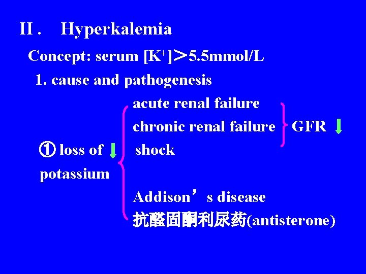 II. Hyperkalemia Concept: serum [K+]＞ 5. 5 mmol/L 1. cause and pathogenesis acute renal