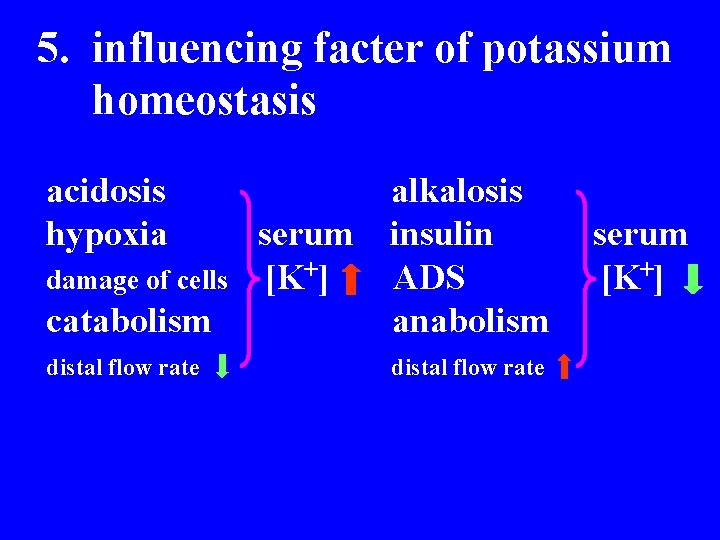 5. influencing facter of potassium homeostasis acidosis hypoxia catabolism alkalosis insulin ADS anabolism distal