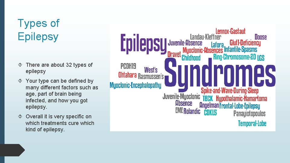 Types of Epilepsy There about 32 types of epilepsy Your type can be defined