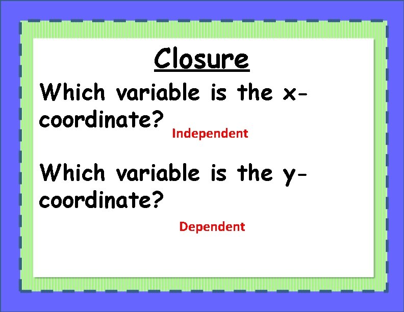 Closure Which variable is the xcoordinate? Independent Which variable is the ycoordinate? Dependent 