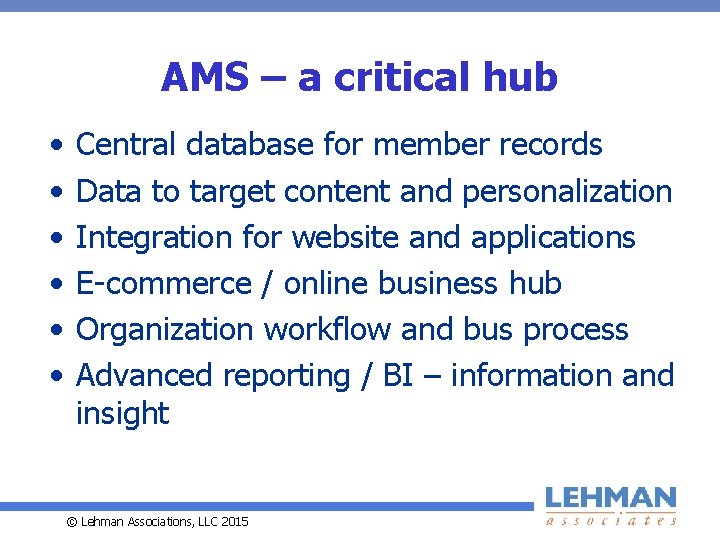 AMS – a critical hub • • • Central database for member records Data