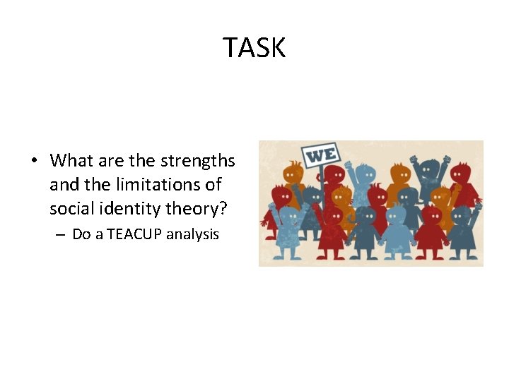 TASK • What are the strengths and the limitations of social identity theory? –