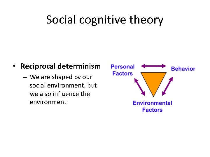 Social cognitive theory • Reciprocal determinism – We are shaped by our social environment,