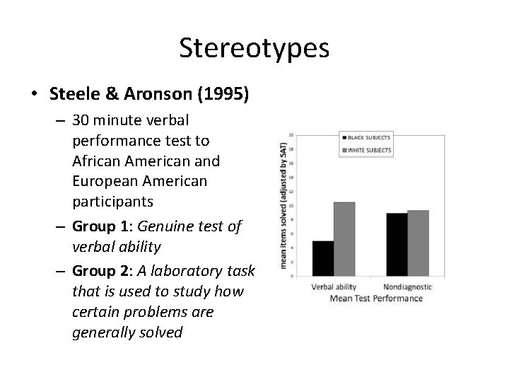 Stereotypes • Steele & Aronson (1995) – 30 minute verbal performance test to African