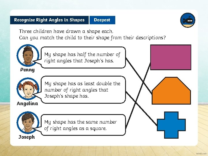 Recognise Right Angles in Shapes Deepest Three children have drawn a shape each. Can