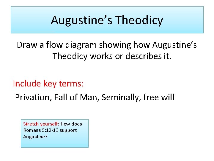 Augustine’s Theodicy Draw a flow diagram showing how Augustine’s Theodicy works or describes it.