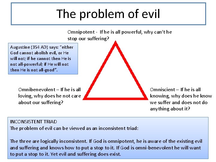 The problem of evil Omnipotent - If he is all powerful, why can’t he