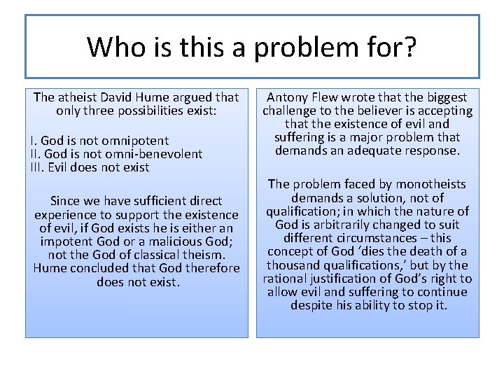 Who is this a problem for? The atheist David Hume argued that only three