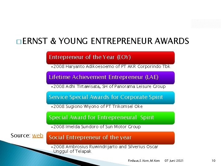 � ERNST & YOUNG ENTREPRENEUR AWARDS Entrepreneur of the Year (EOY) • 2008 Haryanto