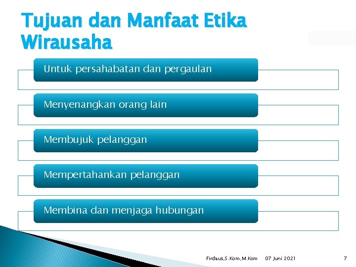 Tujuan dan Manfaat Etika Wirausaha Untuk persahabatan dan pergaulan Menyenangkan orang lain Membujuk pelanggan