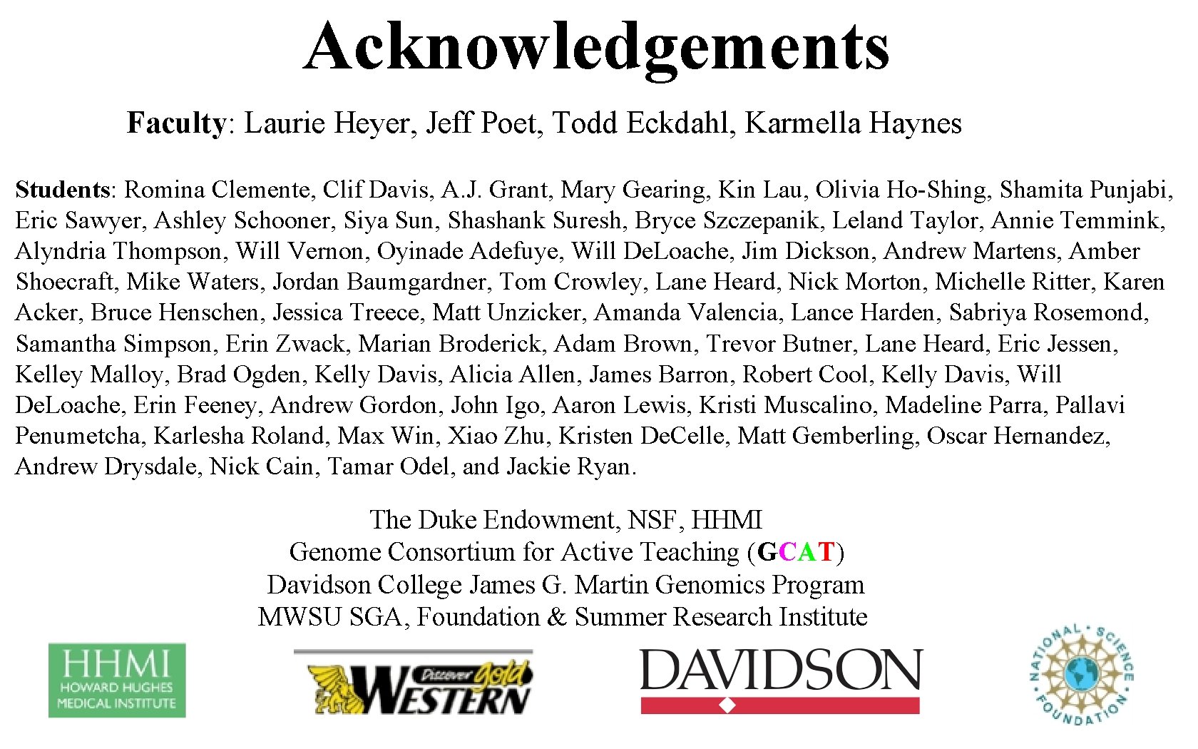 Acknowledgements Faculty: Laurie Heyer, Jeff Poet, Todd Eckdahl, Karmella Haynes Students: Romina Clemente, Clif