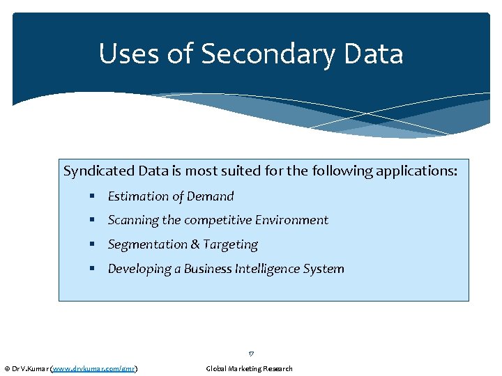 Uses of Secondary Data Syndicated Data is most suited for the following applications: §