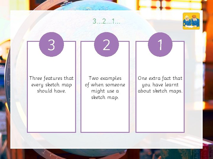 3… 2… 1… 3 2 1 Three features that every sketch map should have.