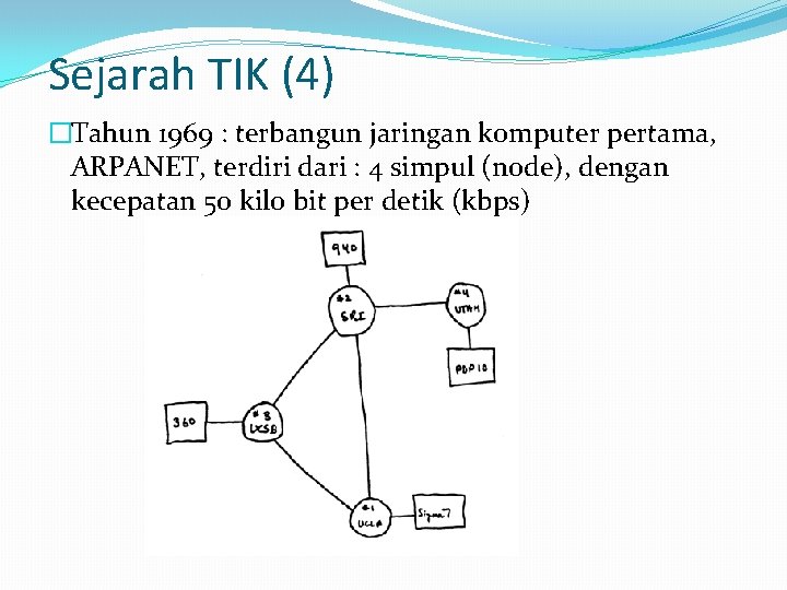 Sejarah TIK (4) �Tahun 1969 : terbangun jaringan komputer pertama, ARPANET, terdiri dari :