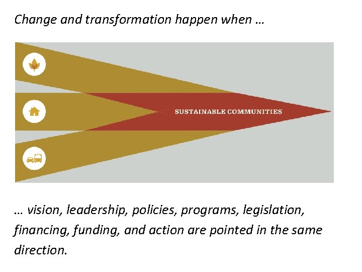 Change and transformation happen when … … vision, leadership, policies, programs, legislation, financing, funding,