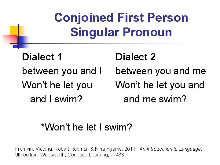 Conjoined First Person Singular Pronoun Dialect 1 between you and I Won’t he let