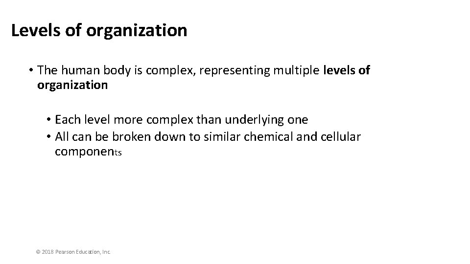 Levels of organization • The human body is complex, representing multiple levels of organization