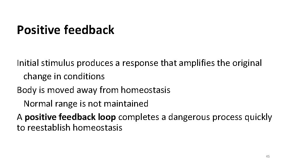 Positive feedback Initial stimulus produces a response that amplifies the original change in conditions