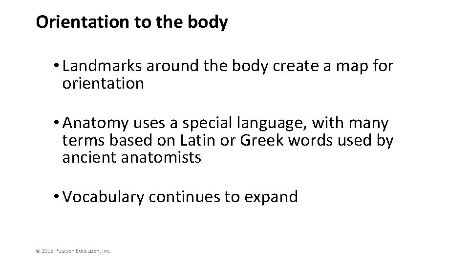 Orientation to the body • Landmarks around the body create a map for orientation