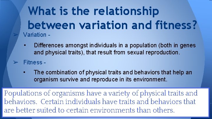 What is the relationship between variation and fitness? ➢ Variation • Differences amongst individuals