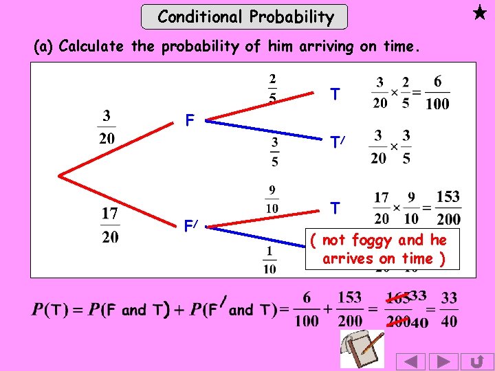 Conditional Probability (a) Calculate the probability of him arriving on time. T F T/