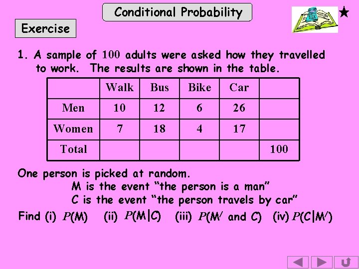 Exercise Conditional Probability 1. A sample of 100 adults were asked how they travelled