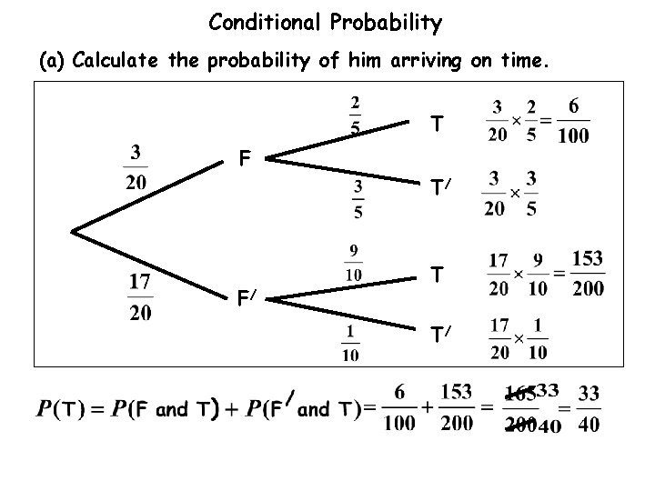 Conditional Probability (a) Calculate the probability of him arriving on time. T F T/
