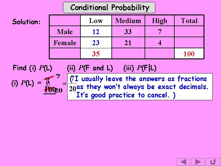 Conditional Probability Solution: Male Female Find (i) P(L) = Low 12 23 35 (ii)