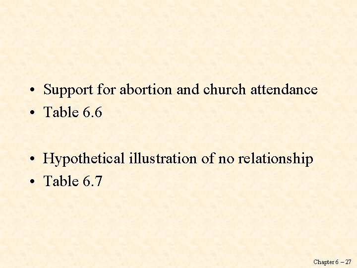  • Support for abortion and church attendance • Table 6. 6 • Hypothetical