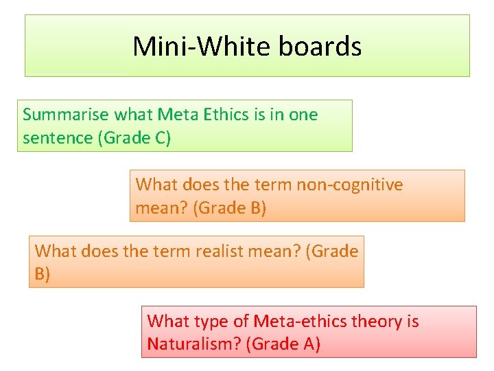 Mini-White boards Summarise what Meta Ethics is in one sentence (Grade C) What does