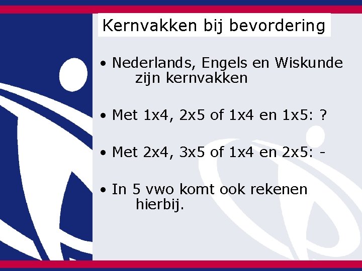 Kernvakken bij bevordering • Nederlands, Engels en Wiskunde zijn kernvakken • Met 1 x Kernvakken bij bevordering • Nederlands, Engels en Wiskunde zijn kernvakken • Met 1 x