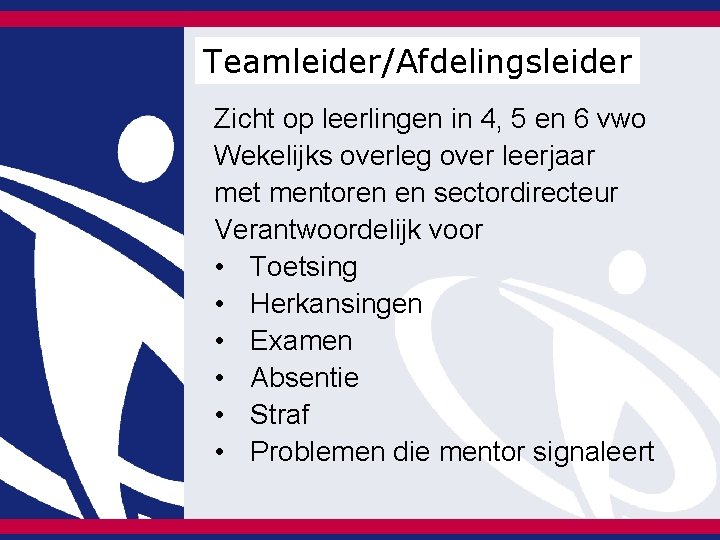 Teamleider/Afdelingsleider Zicht op leerlingen in 4, 5 en 6 vwo Wekelijks overleg over leerjaar Teamleider/Afdelingsleider Zicht op leerlingen in 4, 5 en 6 vwo Wekelijks overleg over leerjaar