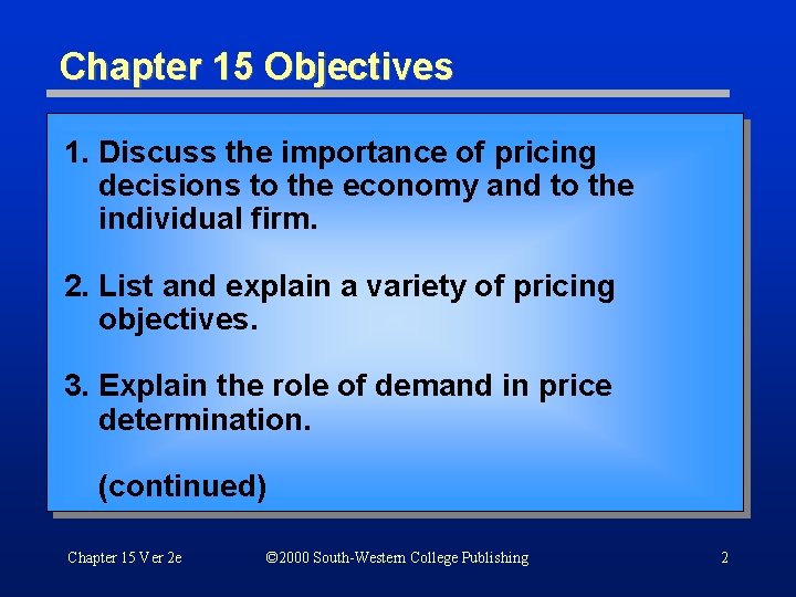 Chapter 15 Objectives 1. Discuss the importance of pricing decisions to the economy and